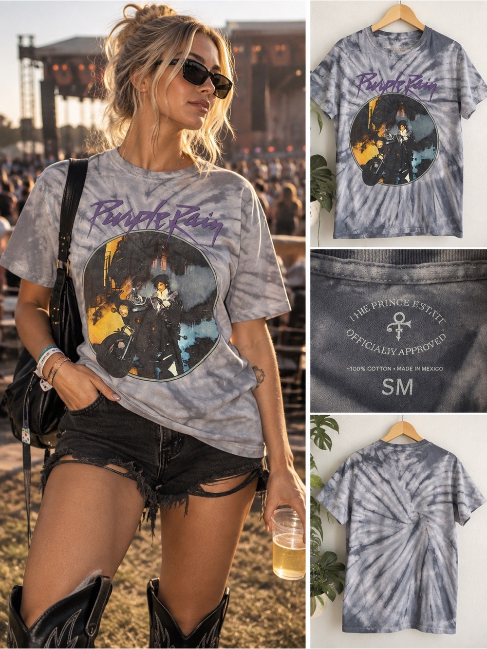Prince Purple Rain Official Tie Dye Graphic T-Shirt Gray Purple